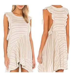 Free People Mini Dress Women Small Beige Stripe‎ Ruffle Sun Valley Boho Tunic thumbnail 3