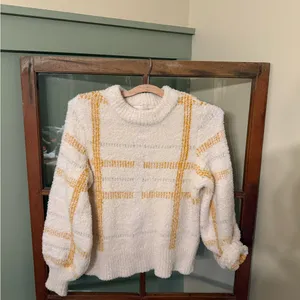 LC Lauren Conrad White and Yellow Fluffy Crew Neck Sweater - Size Small thumbnail 2