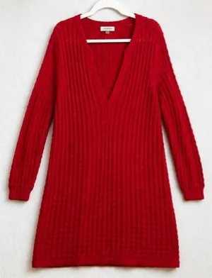 Calvin Klein Red Pointelle Knit V-Neck Sweater Dress Large thumbnail 1