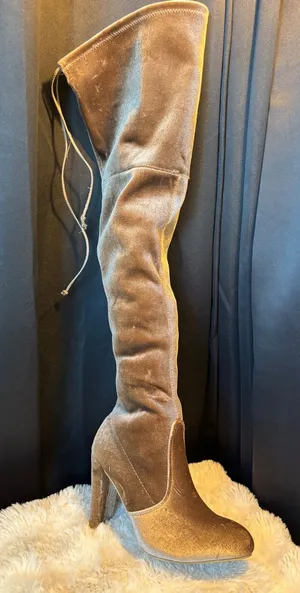 Taupe Velvet Over The Knee Thigh High Block Heel Boots Size 8 like New! thumbnail 1