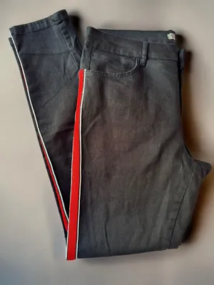 Zara Basic Z1975 Denim Black Skinny Jeans with Red and White Side Stripe thumbnail 1