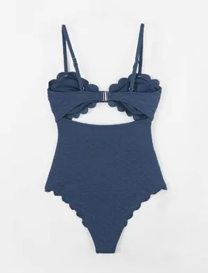 Cupshe - 1 pc. Black Knotted Scalloped Trim Cutout swimsuit - Medium Dark Blue thumbnail 4