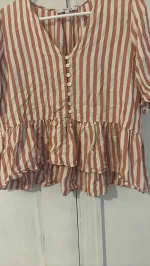 Madewell Blouse Pink Striped White Ruffle Bottom Medium thumbnail 7
