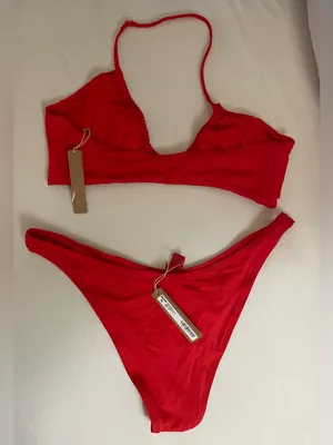 SKIMS 2Pc SET Ruched Halter Triangle Bikini Top& Cheeky Tanga Bottom Ruby Red L thumbnail 2