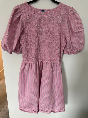 Old Navy Smocked Puff-Sleeve Flare Mini Dress Pink Striped Size L thumbnail 1