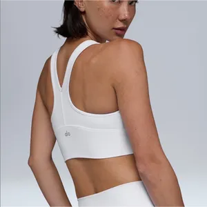ALO Yoga White Ruched V-Neck Sports Bra thumbnail 3