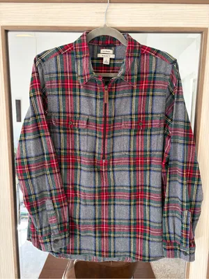 L.L.Bean gray plaid quarter-zip flannel shirt relaxed fit Zip front Cotton sz L thumbnail 1