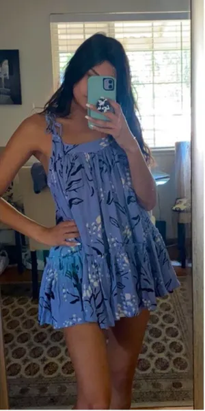 Free People Blue Floral Babydoll Mini Dress Tunic Size XS Tie Strap Boho Cottage thumbnail 1
