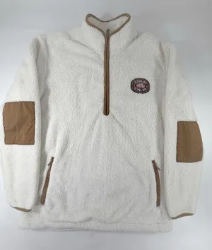 Hurley Womens Sherpa Fleece Quarter Zip Pullover Cream Brown Elbow Patch Medium thumbnail 1