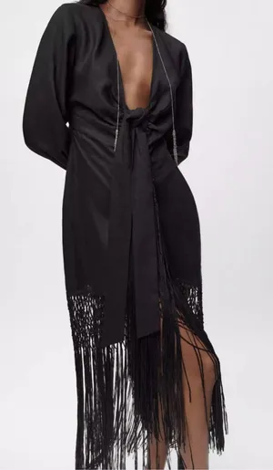 Zara dress midi black linen fringed fringes boho thumbnail 6