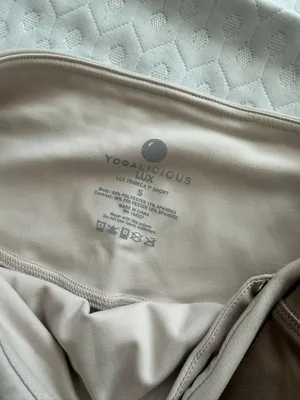 Yogalicious Lux High-Waist Biker Shorts in Taupe and Cream thumbnail 3