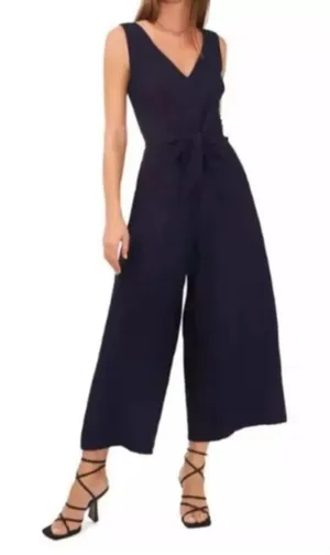 Vince Camuto Womens‎ Island Oasis Tie Front Wide Leg Jumpsuit Classic Navy L NWT thumbnail 1