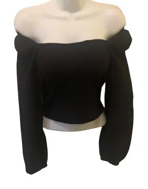 VTG Y2K Express Milkmaid Crop Top Stretch Gauze Long Sleeve Sexy Boho XS Black thumbnail 1