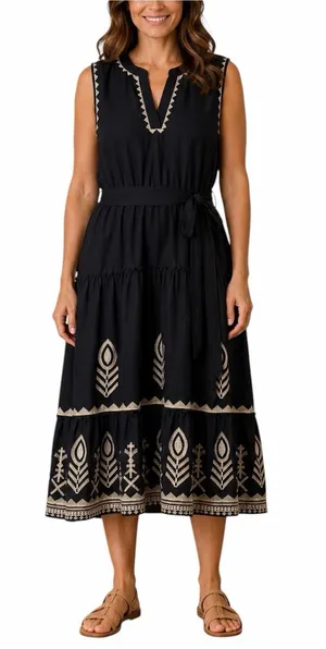 Soft Surroundings Embroidered Tiered Midi Dress Size 2X Linen Blend Belted Black thumbnail 1