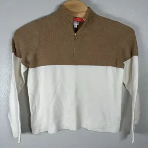 J Crew Wool-Blend Colorblock 1/4 Zip-Up Sweater Extra Soft Yarn Womens XL‎ Cream thumbnail 1