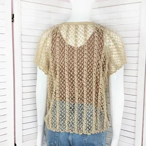 Vintage Boho Crochet Lace Sheer Topper Cardigan Button Up Tan Medium Cottagecore thumbnail 4