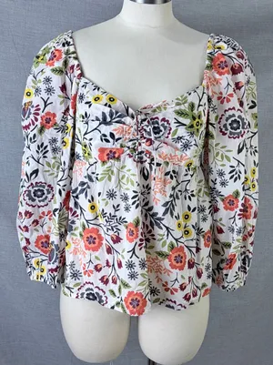 Velvet by Graham & Spencer‎ Floral Cotton Puff Sleeve Blouse White Multi Size M thumbnail 1