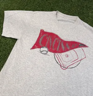 Vintage Cincinatti Reds Baseball T-Shirt Heather Grey Pendant Flag Wmns Med thumbnail 1