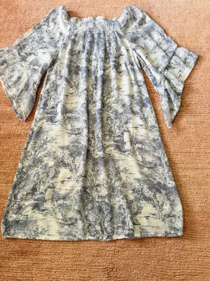 Made Gray & White Toile Print Dress Size S Off Shoulder Bell Sleeve thumbnail 5