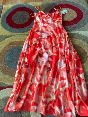 INDIKAH NWT Seona Maxi Dress Orange Watercolor Print Spaghetti Straps Size Small thumbnail 4