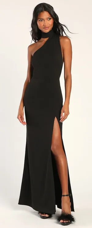 NWT Lulus Keep It Interesting Black Asymmetrical Cutout Halter Maxi Dress Sz L thumbnail 1