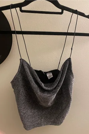 Divided Shimmery Black Metallic Cropped Cowl Tank thumbnail 1