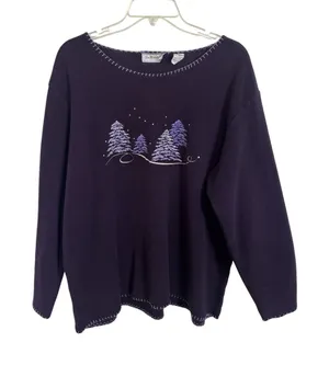 Vtg 90s Purple Fleece Evergreen Tree Sweater XL Cozy Winter Holidays Grannycore thumbnail 1