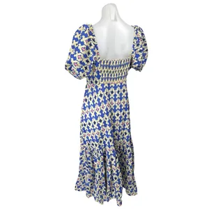 Zara Blue White Printed Short Puff Sleeve Smocked V-Neck Midi A-line Dress Sz L thumbnail 6