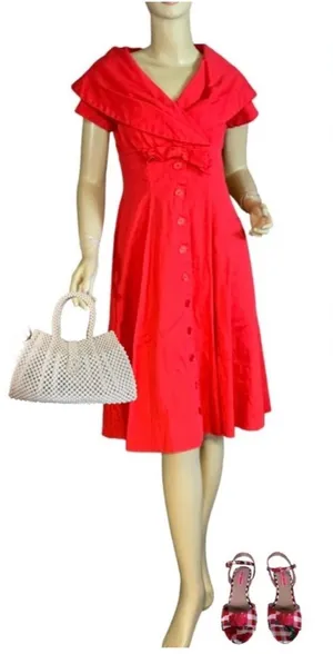 Vintage 1950'S Handmade Square Pattern Red Cotton Day Dress (S) thumbnail 1