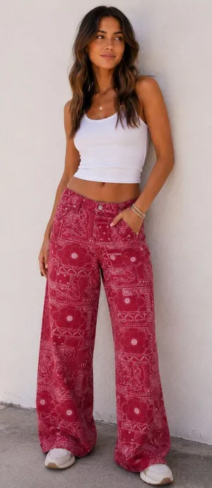 Daydreamer LA Red Bandana Patchwork Low Rise Baggy Relaxed Fit Denim Jeans 7/28 thumbnail 1