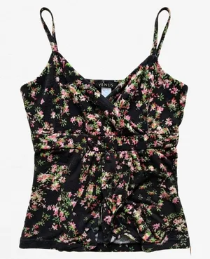 Venus Womens Small Floral Crossover‎ Empire Waist Camisole Tank Top Black Pink thumbnail 1
