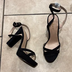 Lulu’s Black Platform Faux Suede Cross Front Sandal Heels thumbnail 1