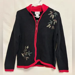 Vintage 90’s‎ Christmas Tree Embroidered Zip Front Holiday Cardigan Size PL thumbnail 1