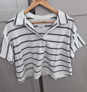 Thread & Supply Striped Polo Top Womens Small White Black V-Neck Short Sleeve thumbnail 1