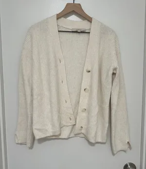 LOFT | Women's Cream Knit Button Front Ribbed Long‎ Sleeve Cardigan Sweater, S thumbnail 1