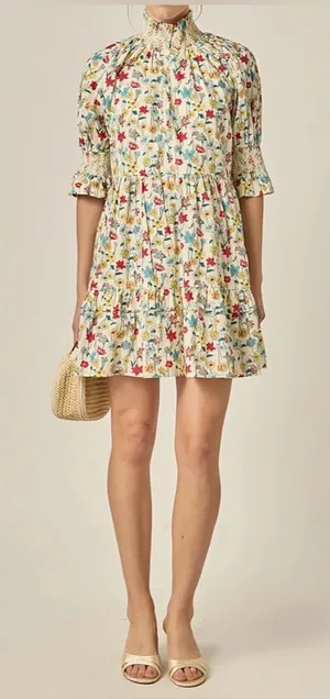 NWT English Factory Floral Smocked High Neck Puff Sleeve Mini Dress thumbnail 1
