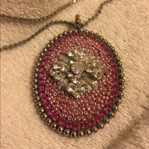 Vintage Pink Crystal Floral Statement Pendant Necklace Silver Tone 16” thumbnail 4