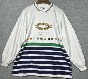 Vtg‎ Hang Ten Mens Sweatshirt Regatta Nautical Striped Collared Made in USA Sz L thumbnail 1