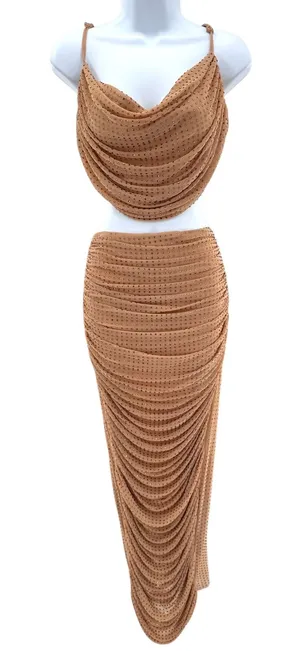 Amable by Mable Tan Rhinestone Mesh Two Piece Skirt‎ Set Party Cocktail thumbnail 1