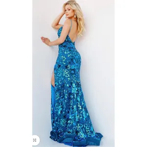 Jovani 08459 Royal‎ Blue Sequin Floral High Slit Mermaid Prom Gown NWT Size 0 thumbnail 2