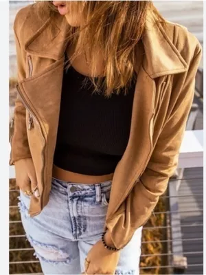 VICI NWT Mission District Pocketed Faux Suede‎ Moto Jacket Camel size Small thumbnail 2