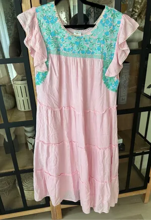 J. Marie embroidered midi dress floral oaxacan tiered ruffle linen pockets loose thumbnail 1