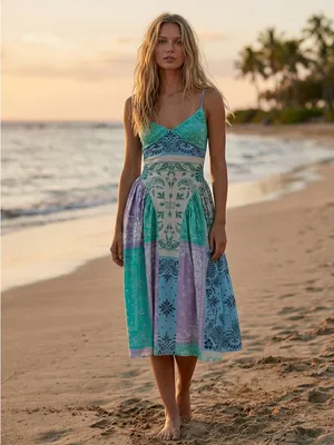 Free People Bohemian Bandana Tropical Wish You Would Midi Dress Size Large thumbnail 3