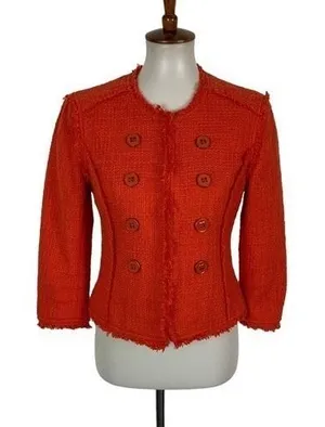 Jacqueline Riu‎ Red Boucle Double Breasted Jacket Blazer Frayed Trim Button 36 thumbnail 1