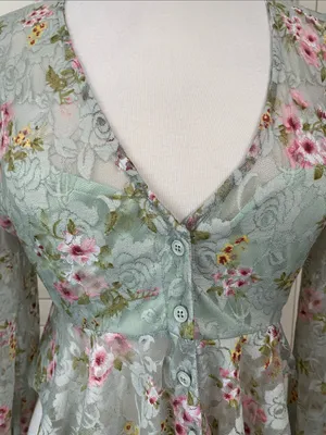 Lulu's Mint Floral Lace Peplum mesh Blouse with Pink Accents thumbnail 5