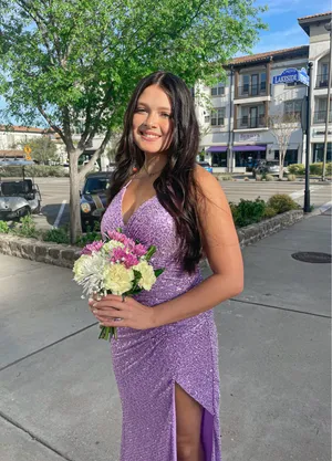 light purple sparkly maxi prom dress thumbnail 3