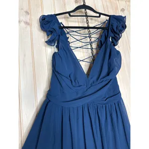 NWT Lulus Soiree Celebration Navy Blue Ruffled Lace-Up Maxi Dress Wedding Sz XL thumbnail 4