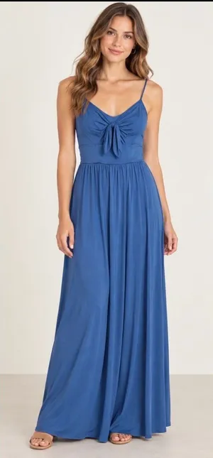 Moulinette Soeurs Anthropologie Blue Jersey Maxi Dress Tie Front Empire Waist M thumbnail 1