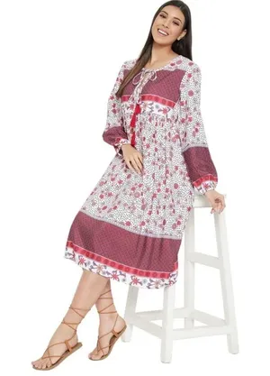 Gypsy Blu Boho Mixed Print Tassels Puff Sleeve Floral Midi Dress Size 3X NEW thumbnail 3