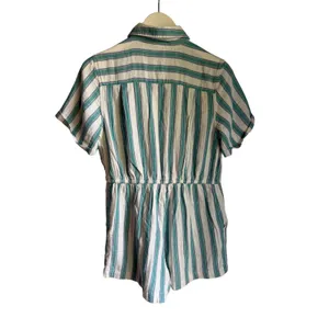 Old Navy XS Petite Coastal Stripe Cotton Romper Blue Green Drawstring Pockets thumbnail 6